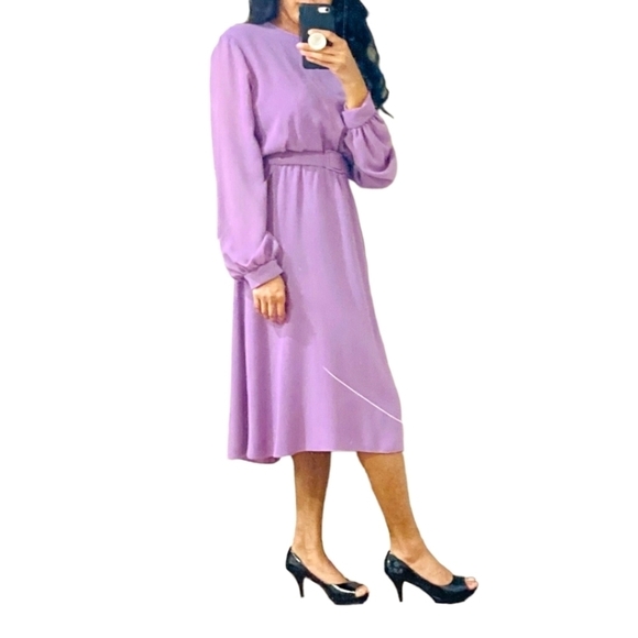 Vintge 70s Boho Long Sleeve Crepe Midi Belted  Dress Canadian Unionmade Purple - Picture 6 of 16